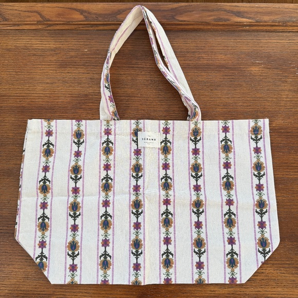 new Sézane floral mosaic tile pattern striped cotton tote bag limited edition - Picture 2 of 4